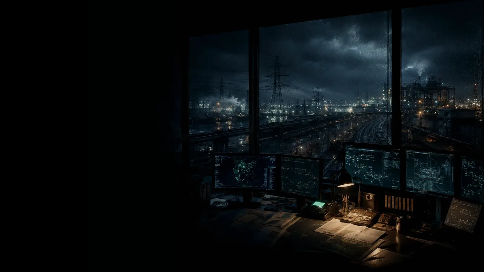 Industrial Substation subtopic background showing critical infrastructure map, cables, terminals and pressure in a dark operations room