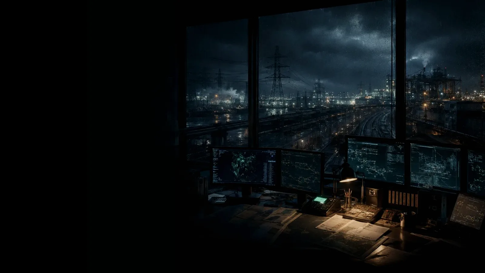 Oil Refinery subtopic background showing critical infrastructure map, cables, terminals and pressure in a dark operations room