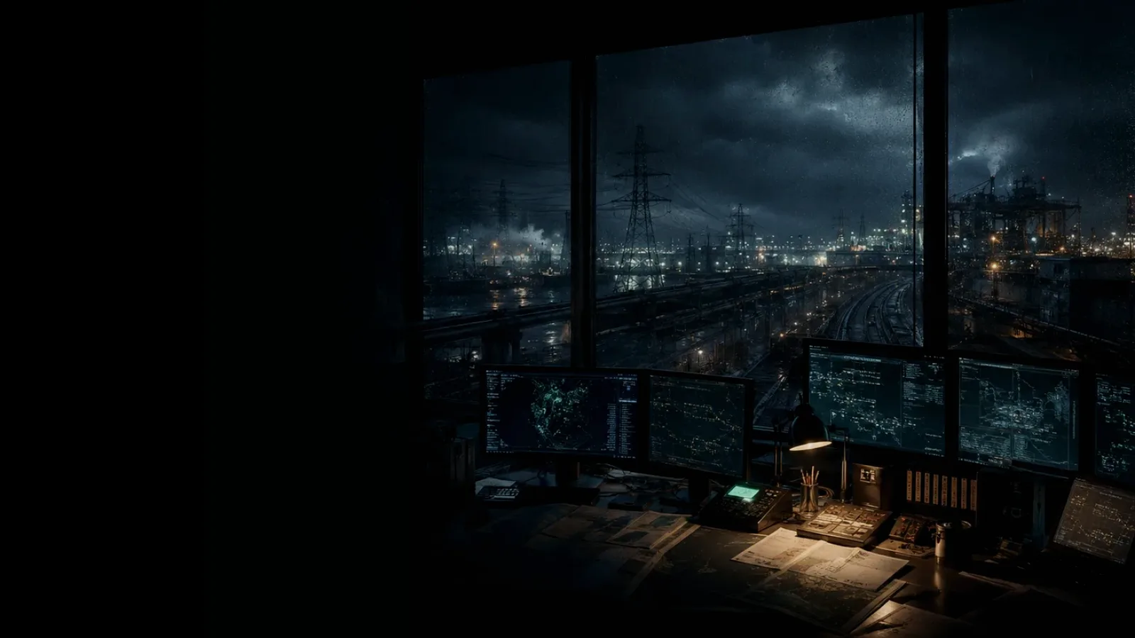 Power Distribution subtopic background showing critical infrastructure map, cables, terminals and pressure in a dark operations room