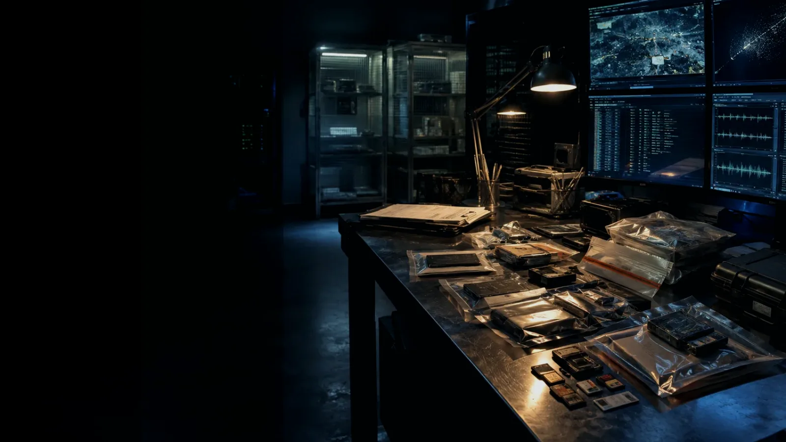 Chain of Custody subtopic background showing sealed evidence locker, forensic workstation and chain-of-custody documents