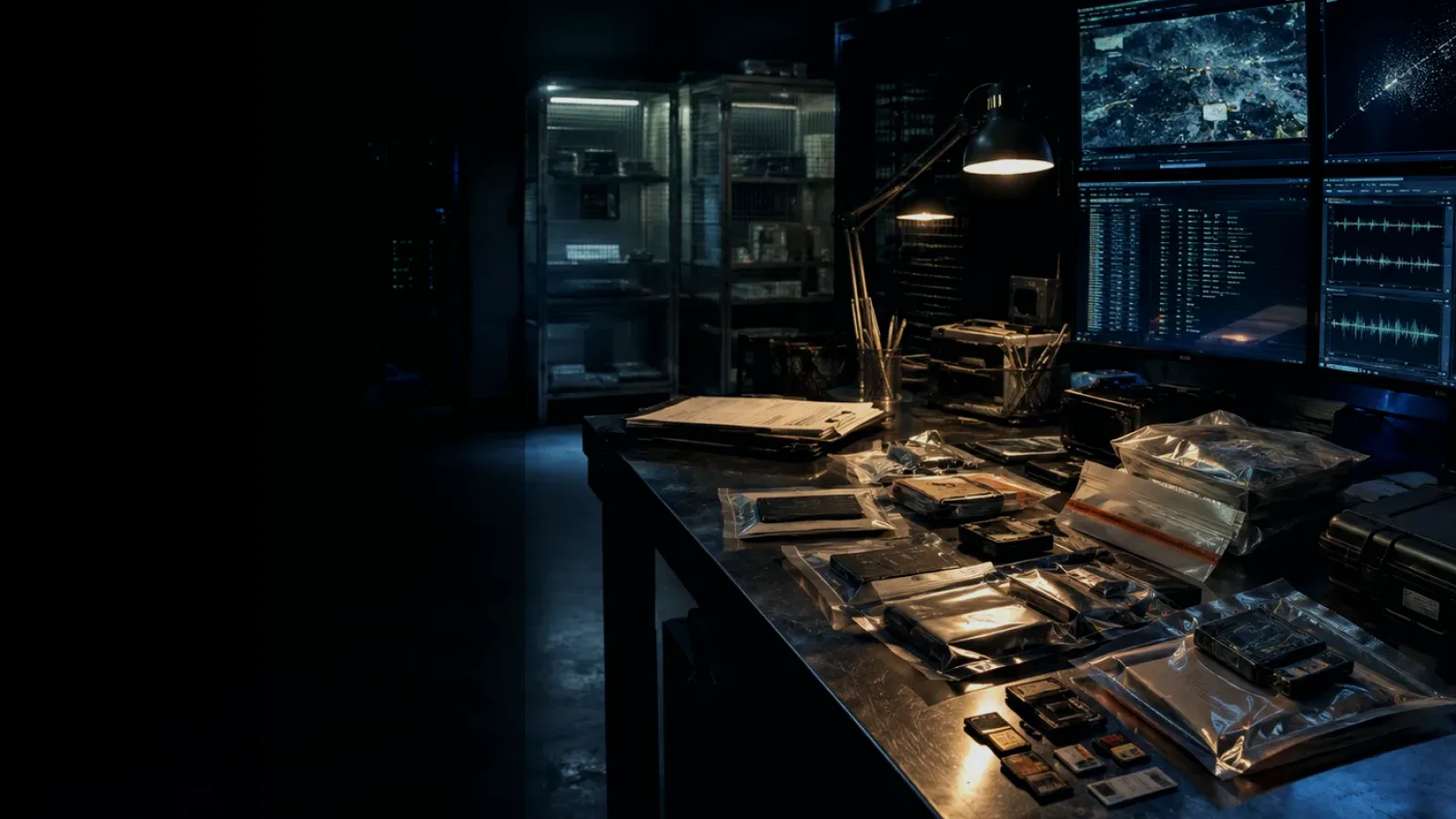 Evidence Camera Record subtopic background showing sealed evidence locker, forensic workstation and chain-of-custody documents