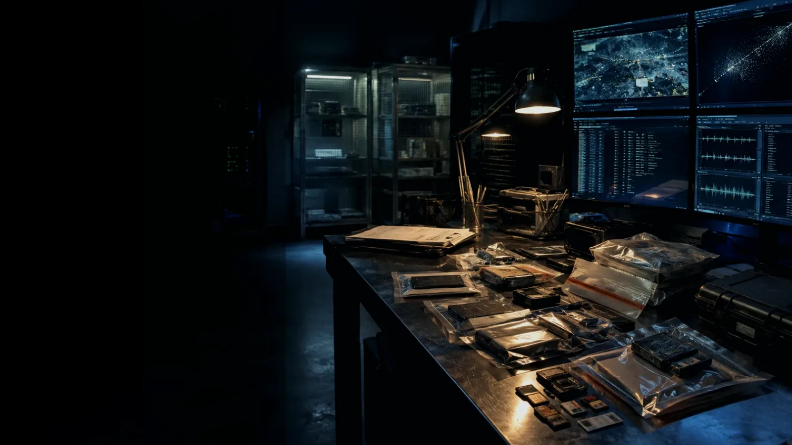 Evidence Contamination Control subtopic background showing sealed evidence locker, forensic workstation and chain-of-custody documents