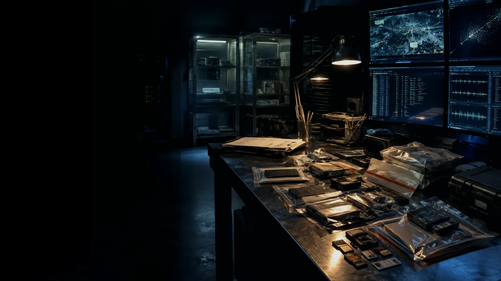 Evidence Preservation subtopic background showing sealed evidence locker, forensic workstation and chain-of-custody documents