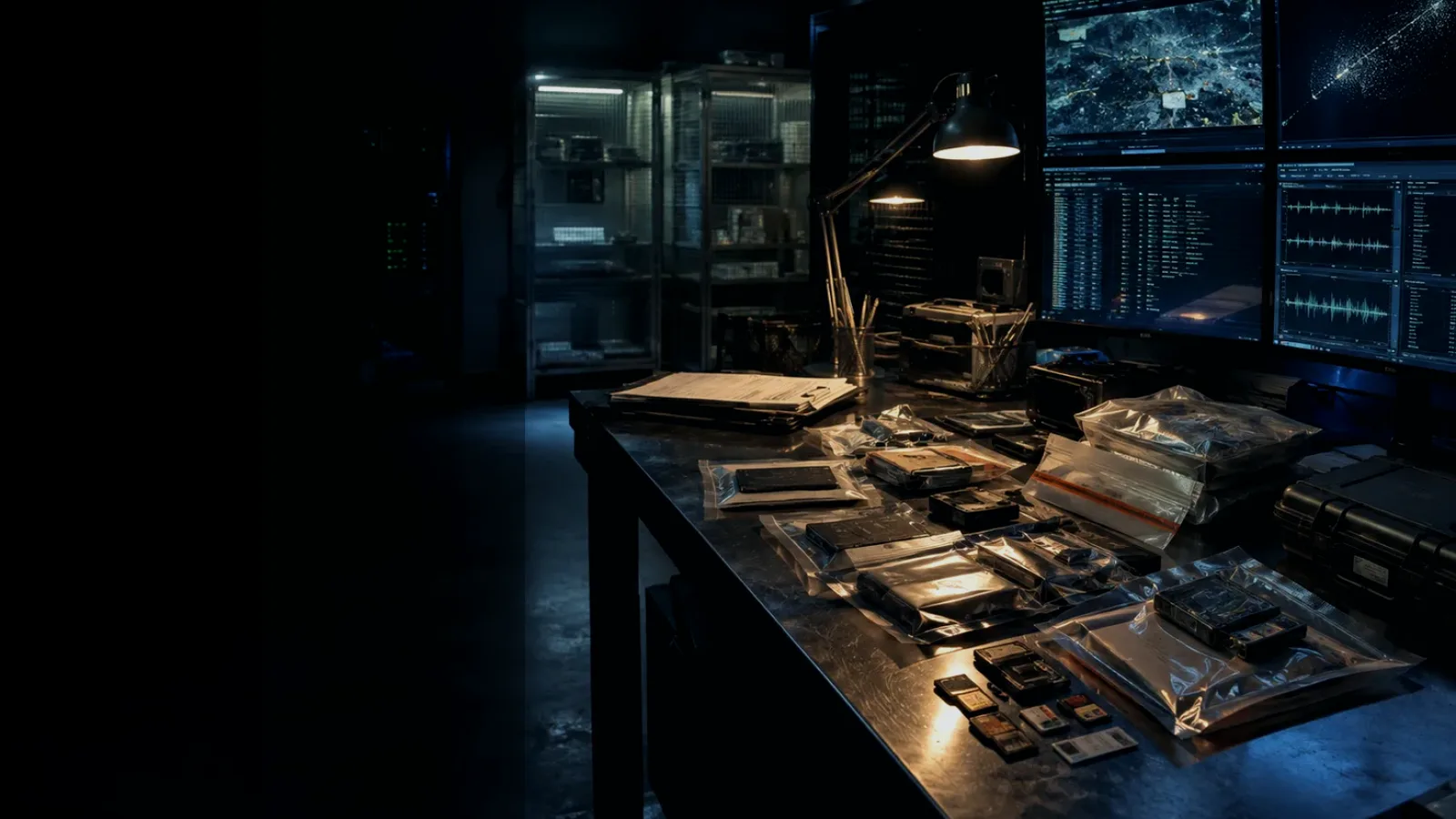Evidence Seal subtopic background showing sealed evidence locker, forensic workstation and chain-of-custody documents