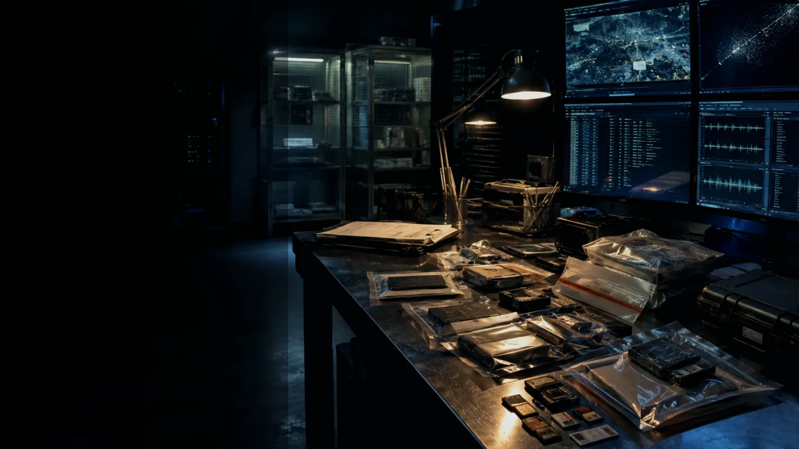 Physical Evidence Recovery subtopic background showing sealed evidence locker, forensic workstation and chain-of-custody documents