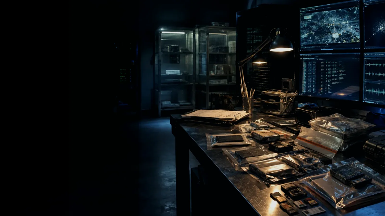 Write-Protected Evidence subtopic background showing sealed evidence locker, forensic workstation and chain-of-custody documents