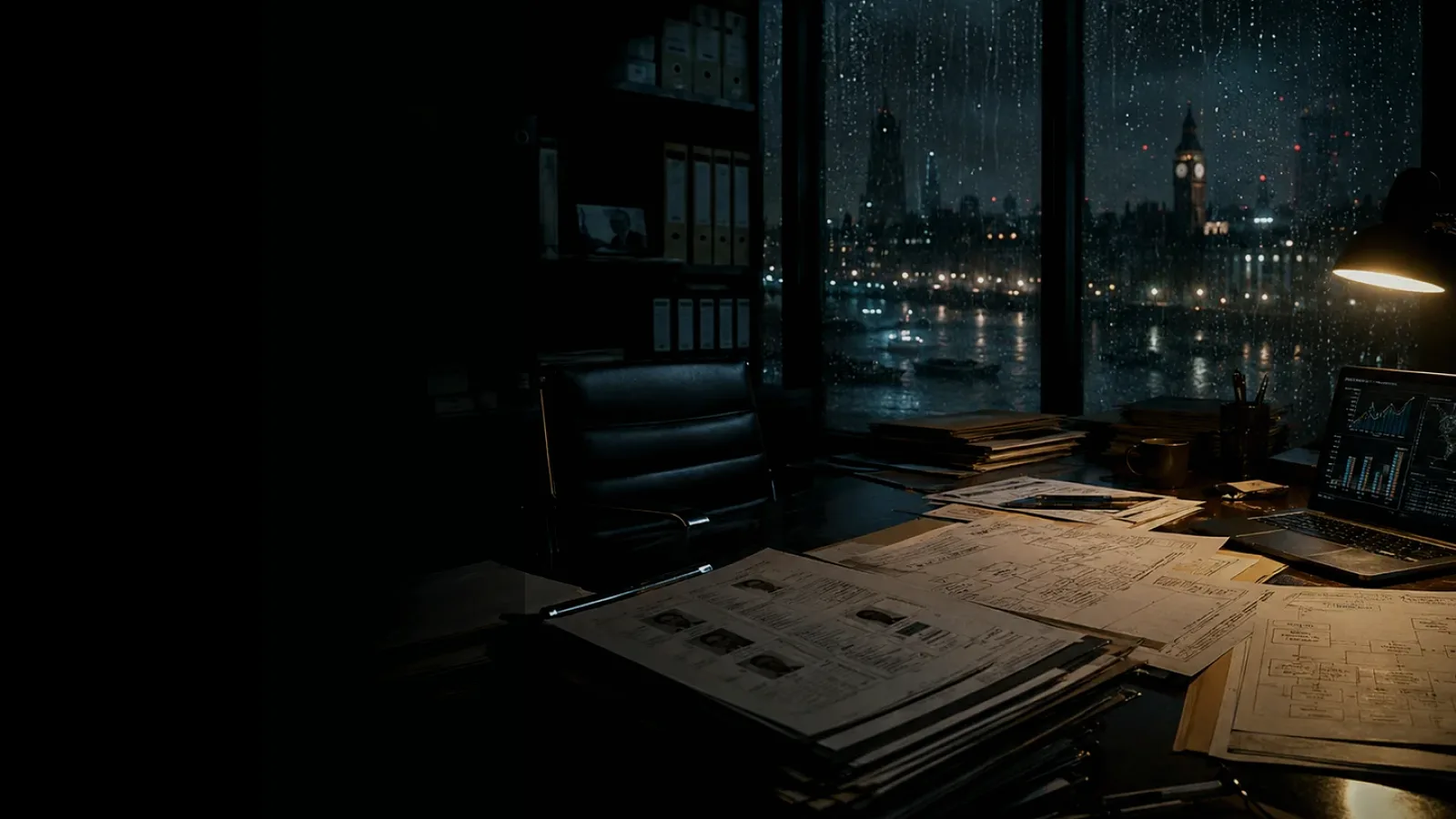 Following the Money in an Investigation subtopic background showing corporate registry files, financial trail records and opaque company ownership