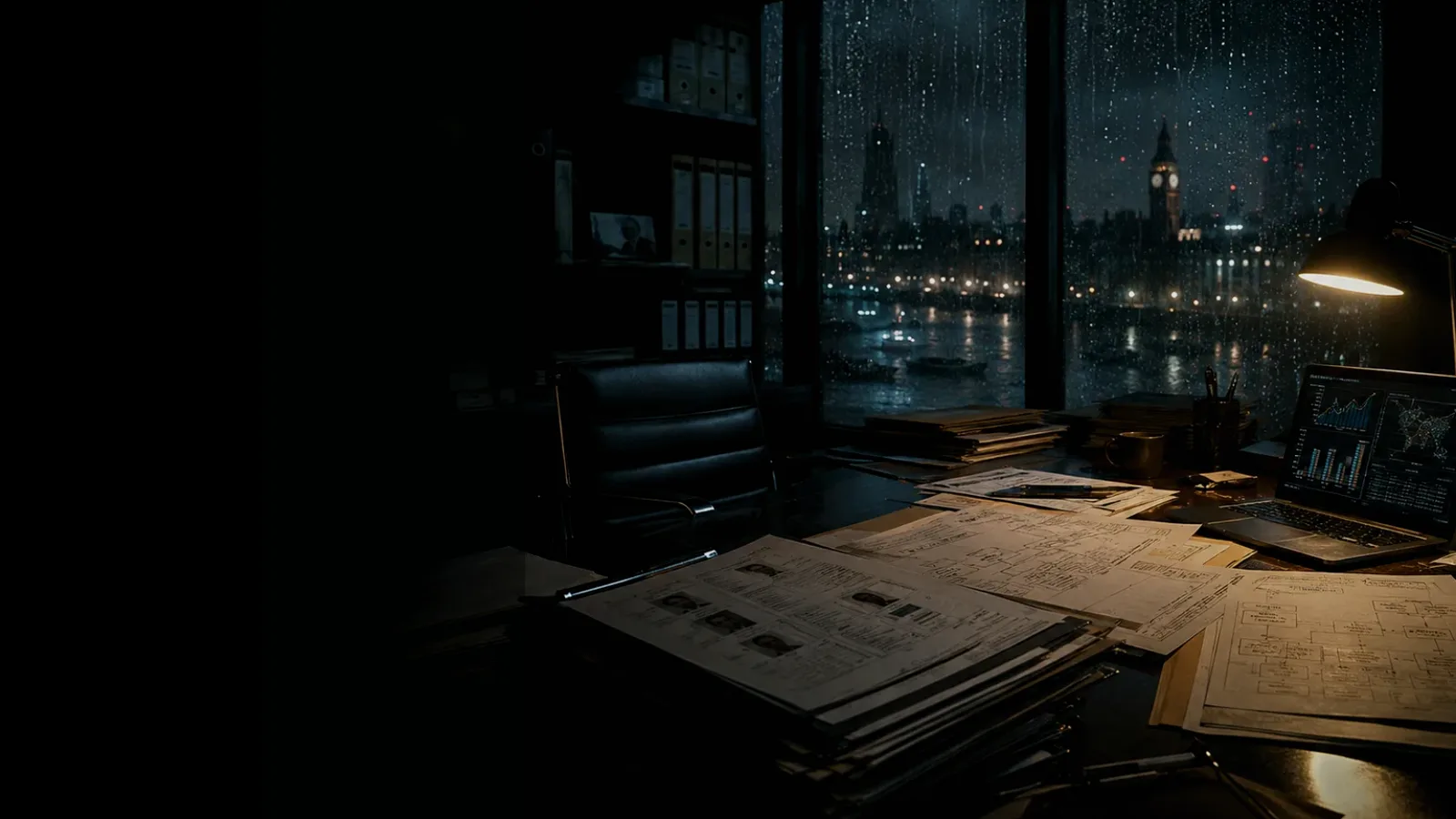 Shipping Company subtopic background showing corporate registry files, financial trail records and opaque company ownership