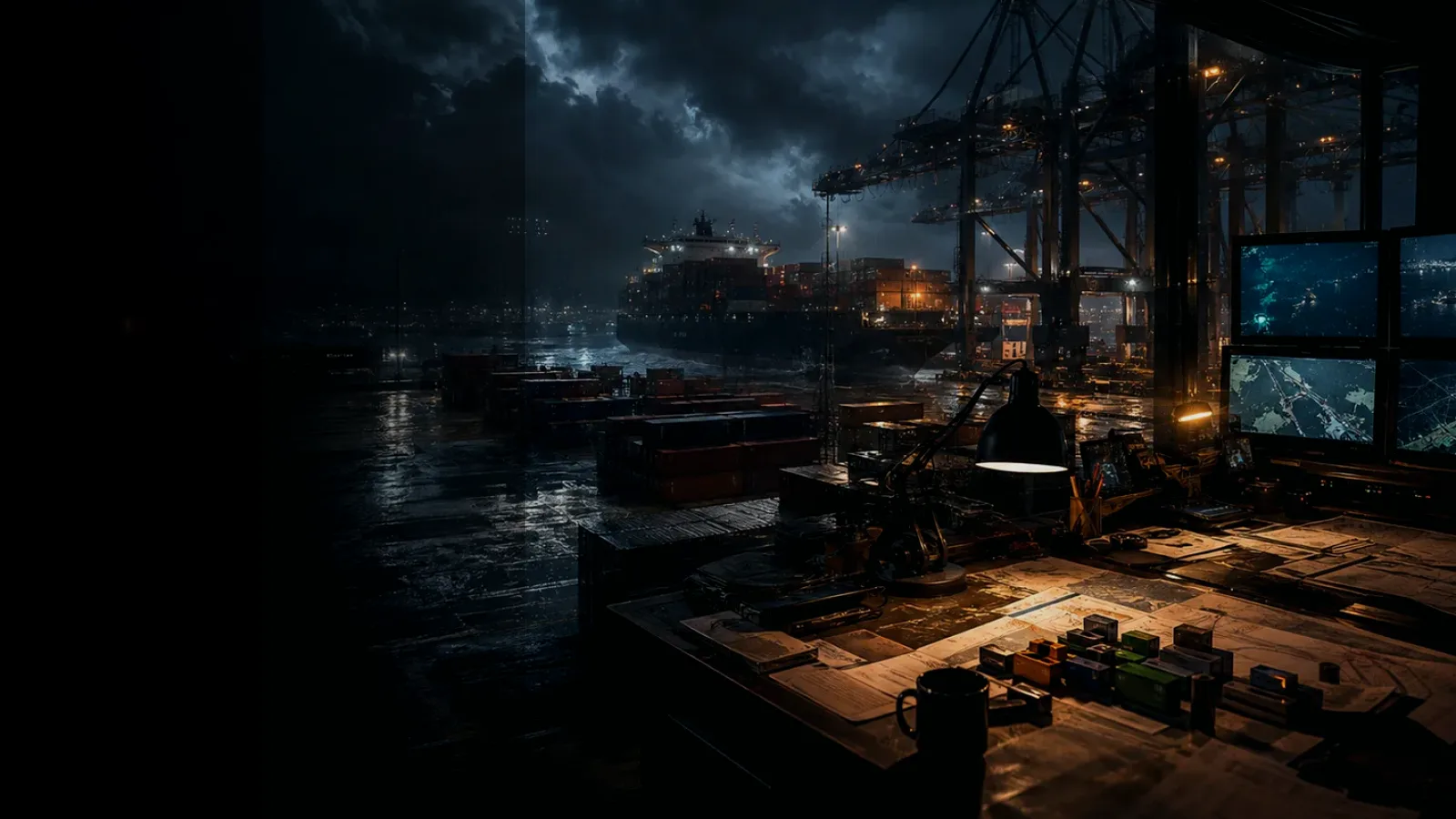 Bonded Cargo subtopic background showing wet container terminal, cargo movement, freight records and logistics evidence