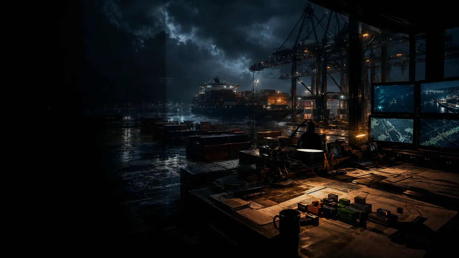 Container Transfer subtopic background showing wet container terminal, cargo movement, freight records and logistics evidence