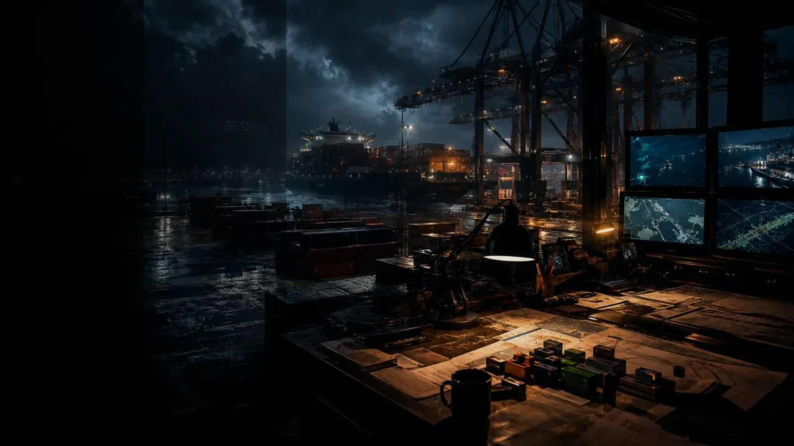 Courier Transfer subtopic background showing wet container terminal, cargo movement, freight records and logistics evidence