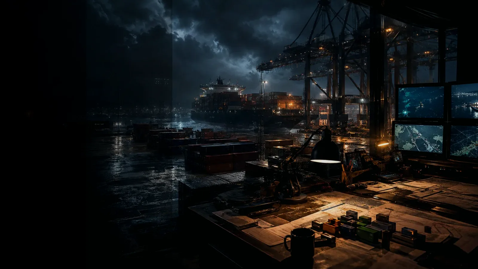 Logistics subtopic background showing wet container terminal, cargo movement, freight records and logistics evidence