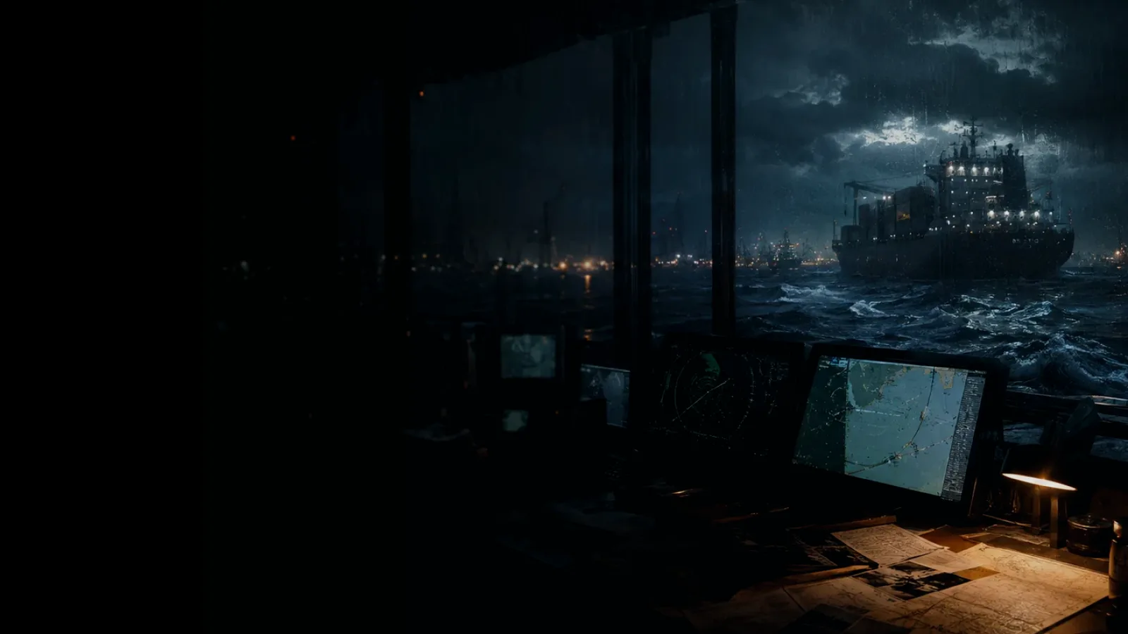 Dubai subtopic background showing container ship and harbour operations under storm light with evidence-board tension