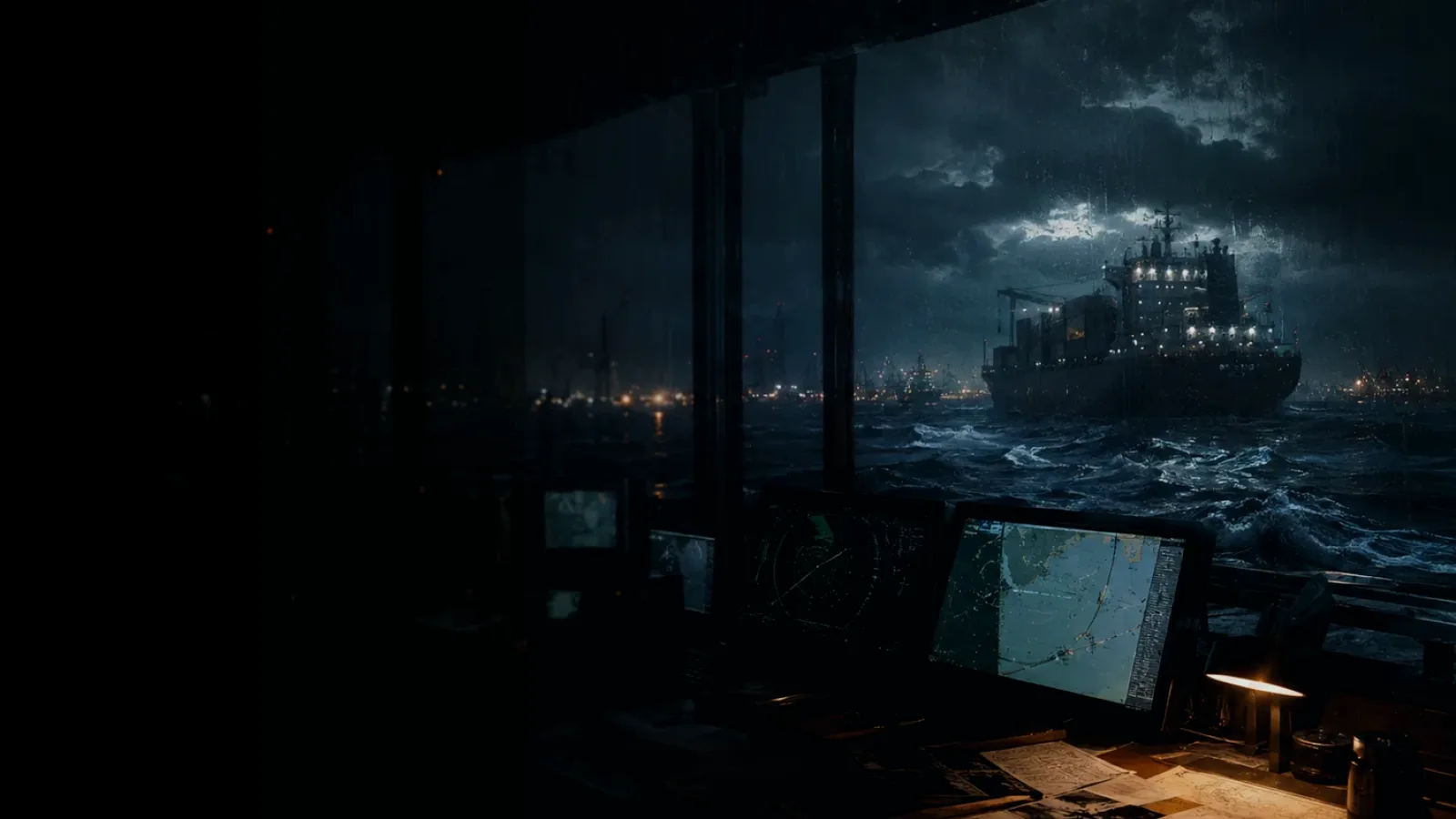 Dunkirk subtopic background showing container ship and harbour operations under storm light with evidence-board tension