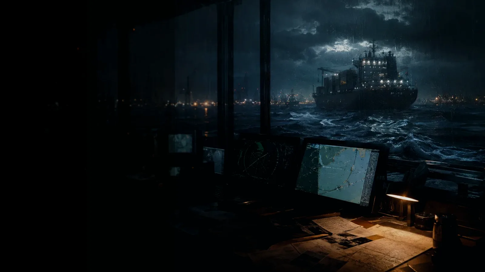 Eastern Channel subtopic background showing container ship and harbour operations under storm light with evidence-board tension