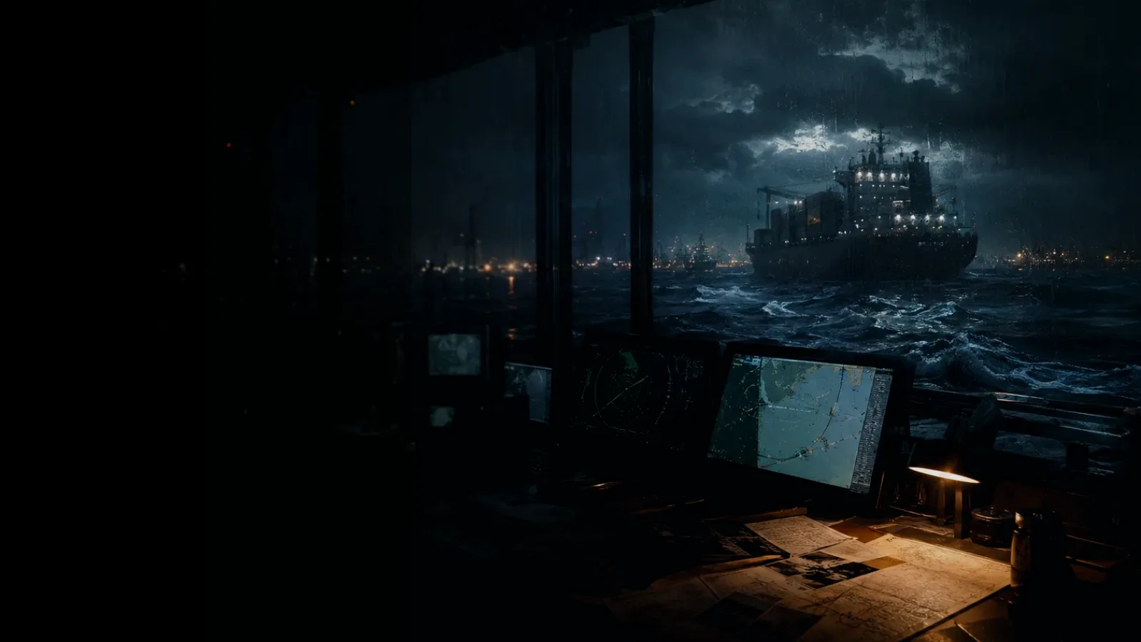 Harwich subtopic background showing container ship and harbour operations under storm light with evidence-board tension