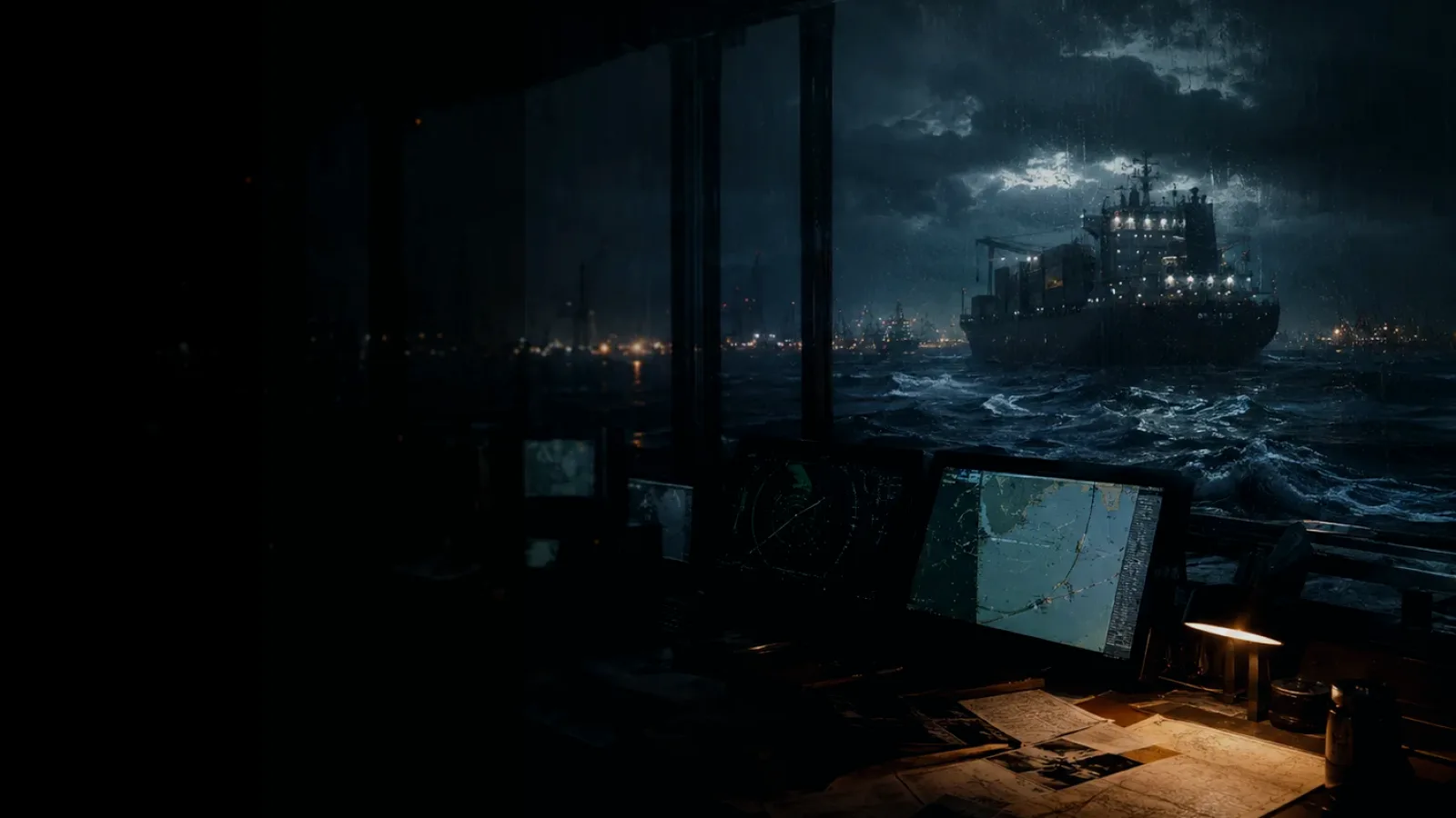Humber subtopic background showing container ship and harbour operations under storm light with evidence-board tension