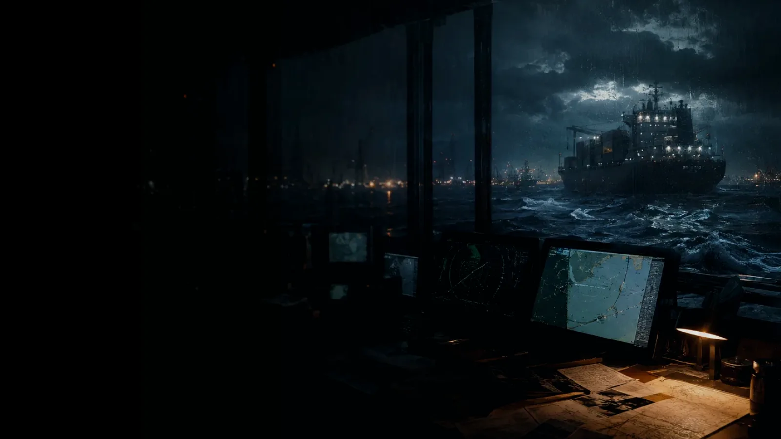 Iceland subtopic background showing container ship and harbour operations under storm light with evidence-board tension