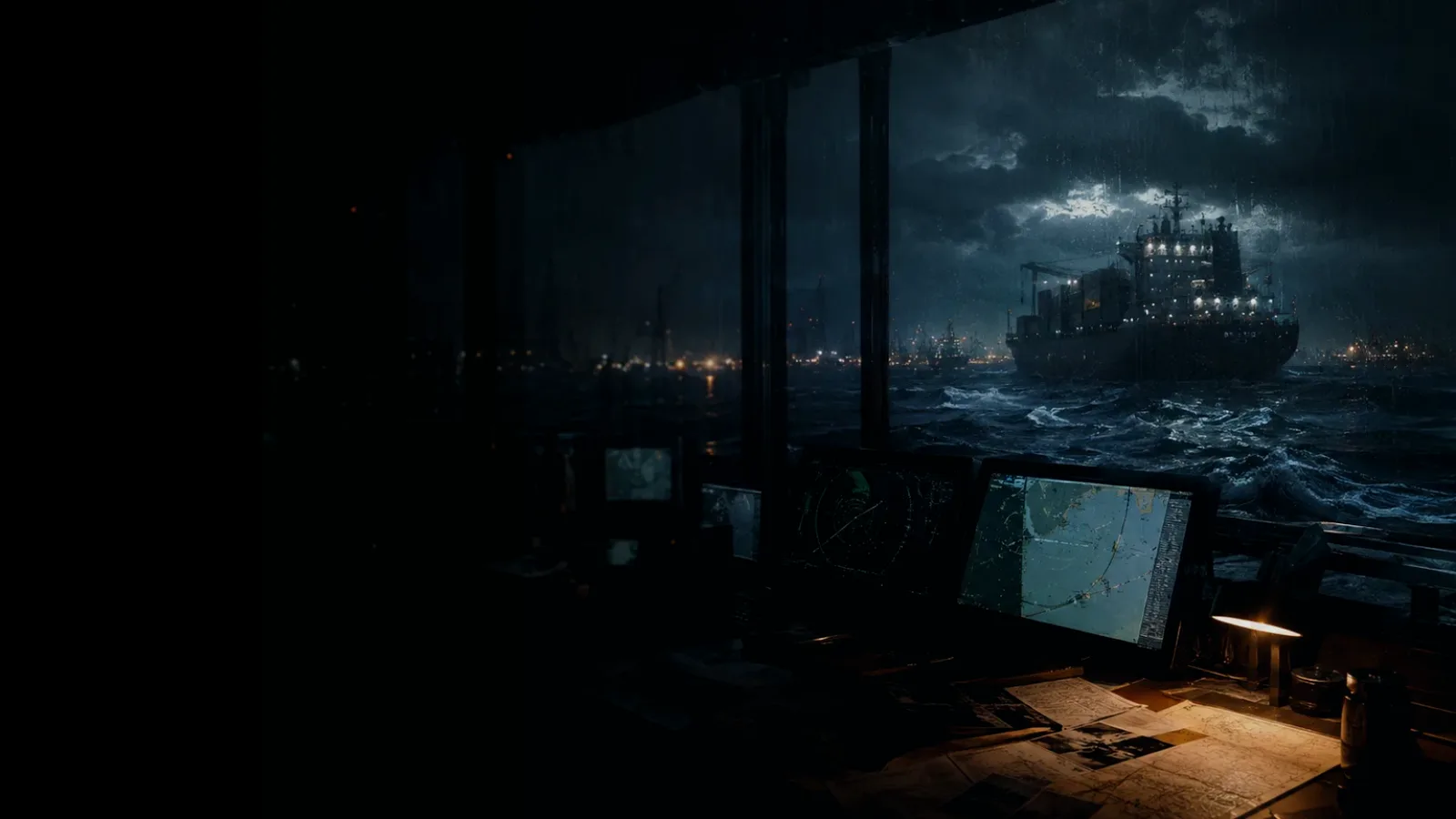 London Waterloo subtopic background showing container ship and harbour operations under storm light with evidence-board tension