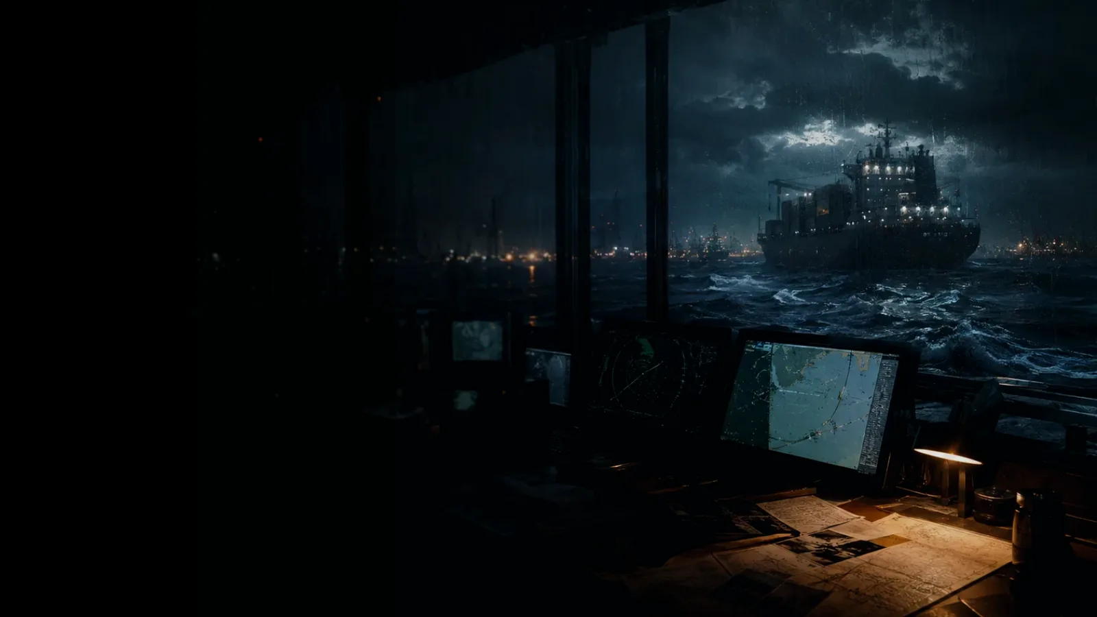 North Sea subtopic background showing container ship and harbour operations under storm light with evidence-board tension