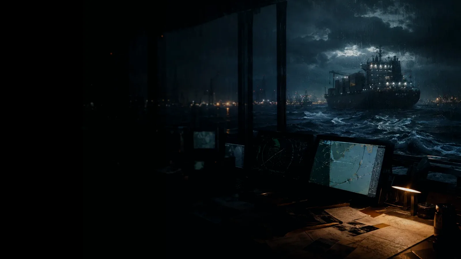 Port of Felixstowe subtopic background showing container ship and harbour operations under storm light with evidence-board tension
