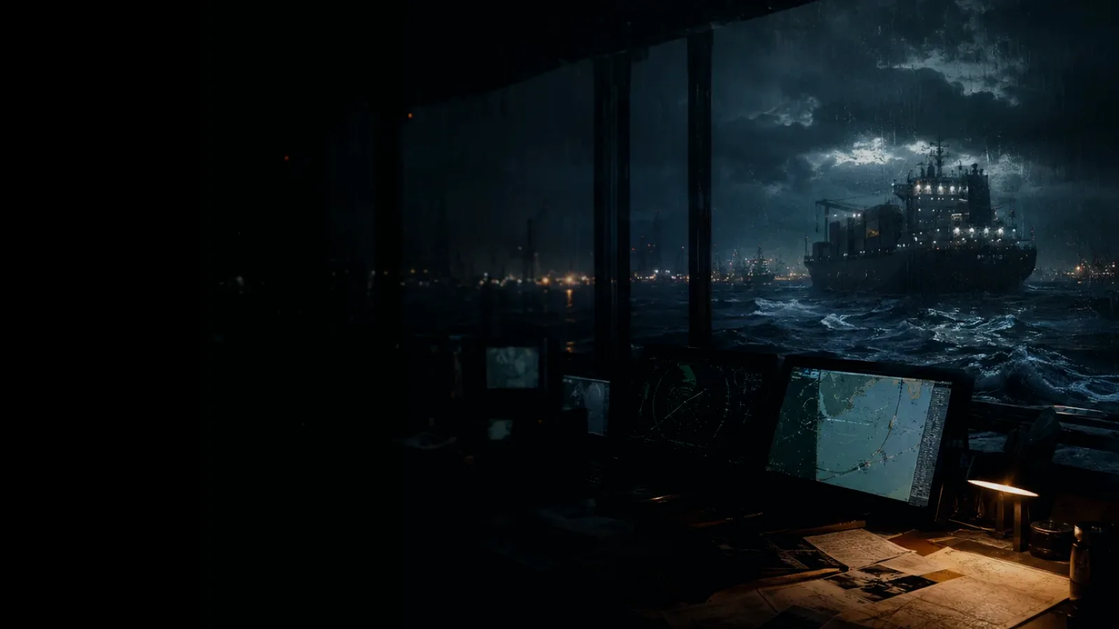 Port of Rotterdam subtopic background showing container ship and harbour operations under storm light with evidence-board tension