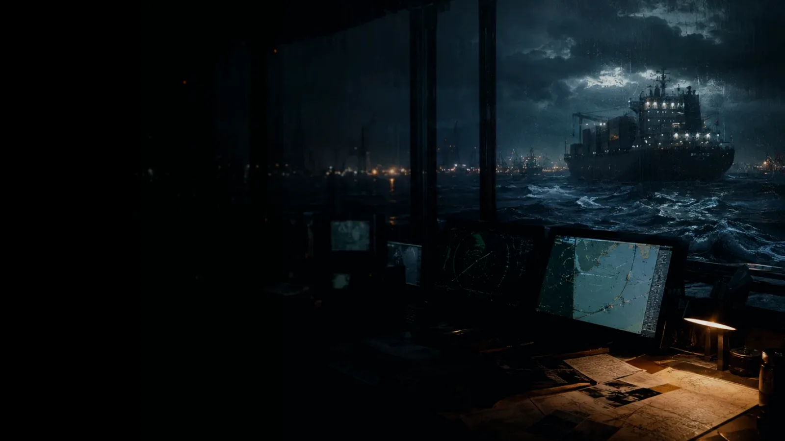 Port of Southampton subtopic background showing container ship and harbour operations under storm light with evidence-board tension