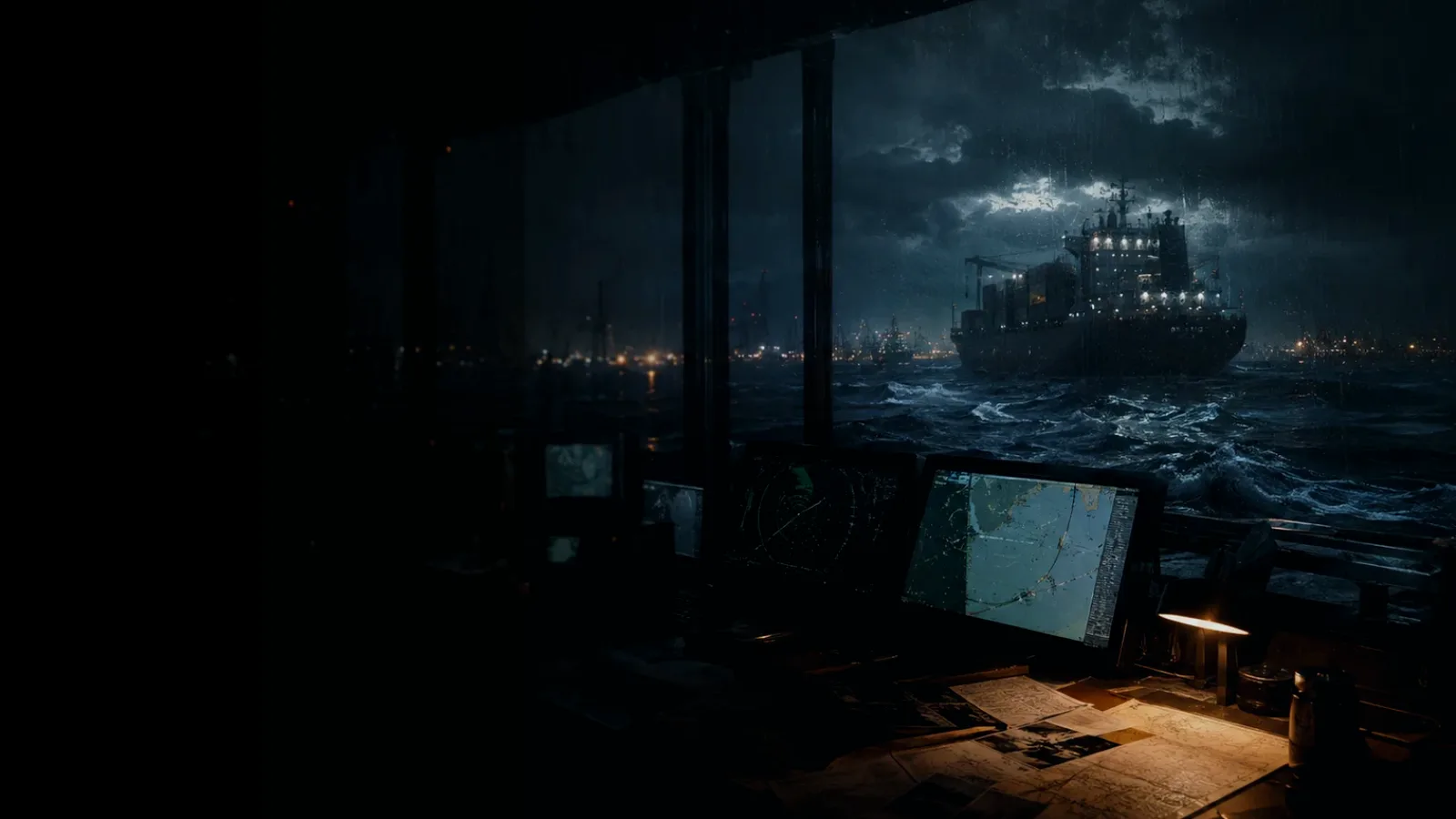 Southampton Water subtopic background showing container ship and harbour operations under storm light with evidence-board tension