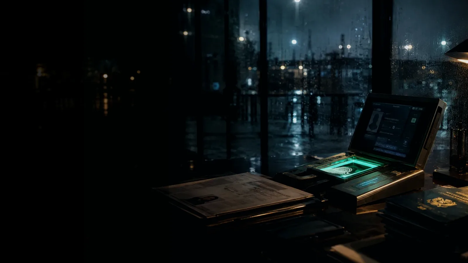 Alias subtopic background showing identity document, biometric verification desk and contested personal record