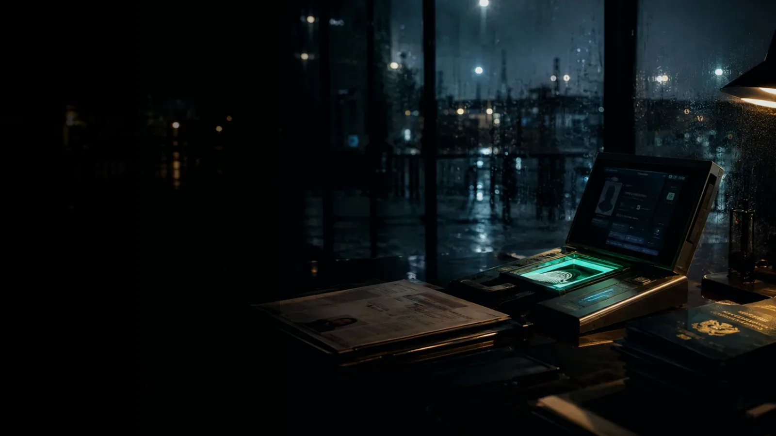 Cover Identity subtopic background showing identity document, biometric verification desk and contested personal record