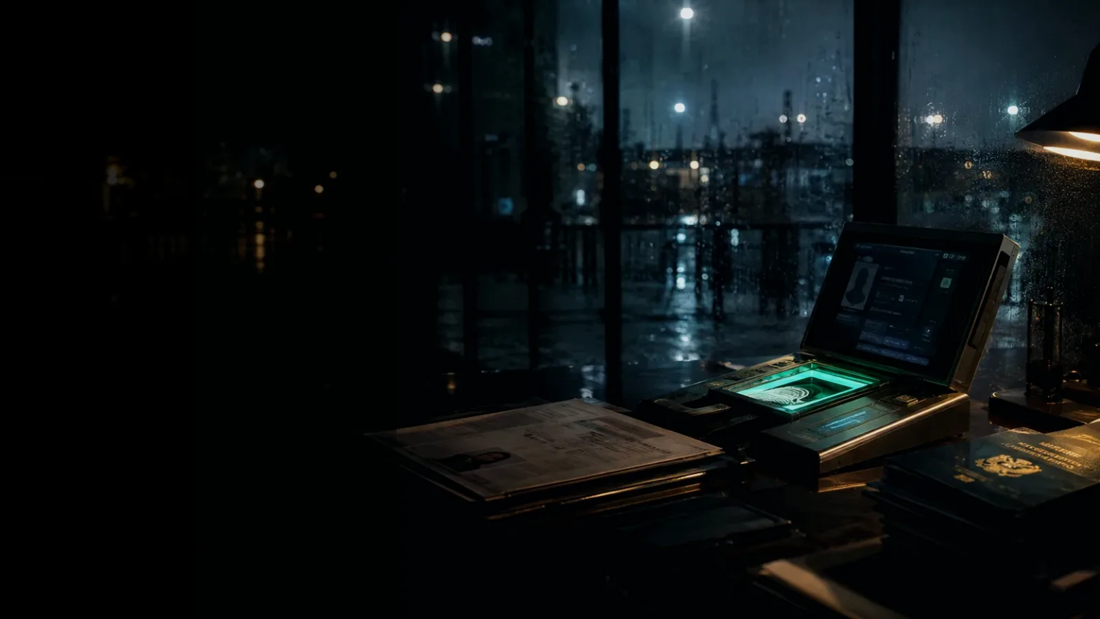 False Identity subtopic background showing identity document, biometric verification desk and contested personal record