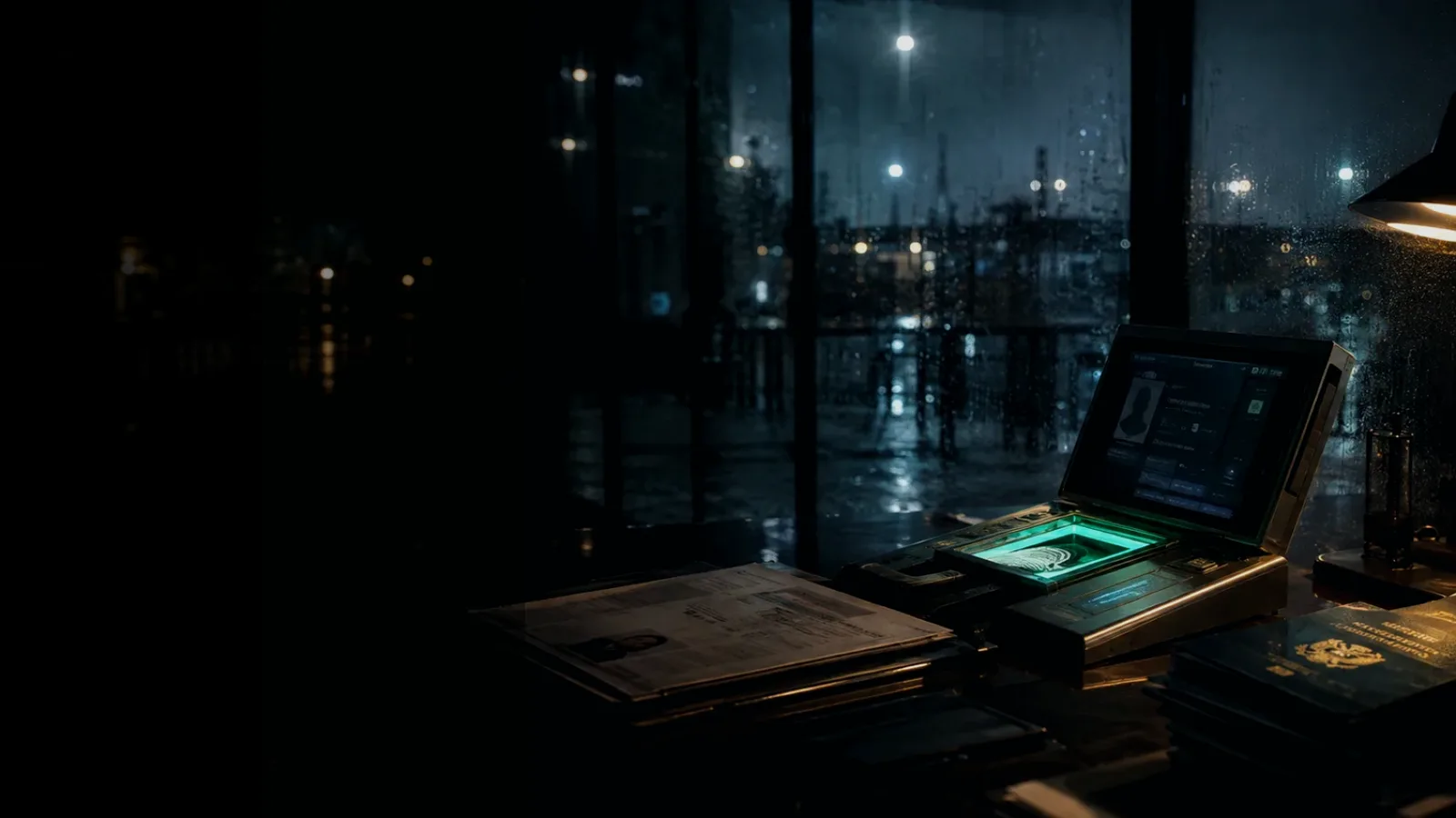 Stolen Identity subtopic background showing identity document, biometric verification desk and contested personal record