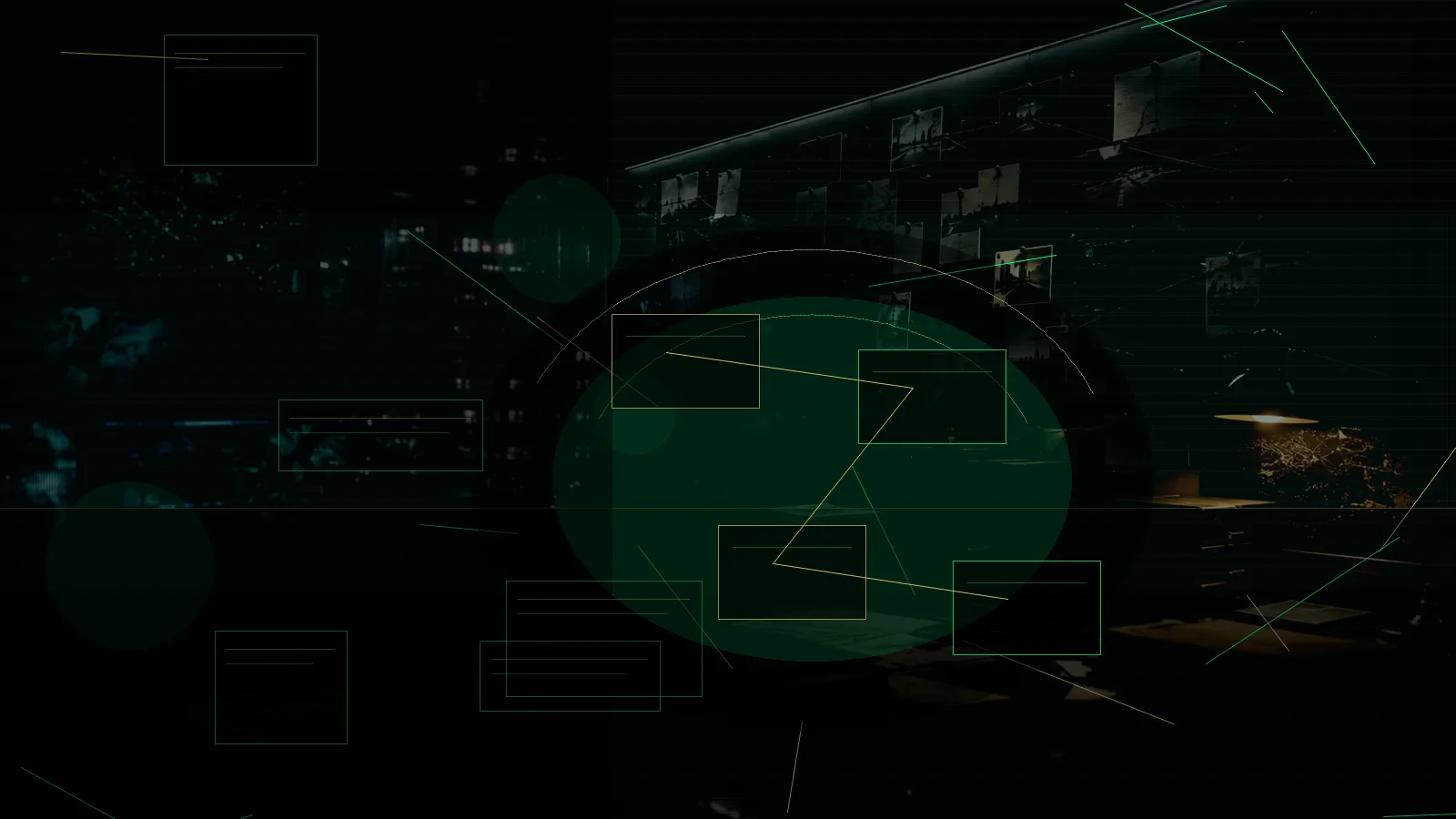 Counterintelligence subtopic background showing secure intelligence briefing room, evidence board and official files under pressure