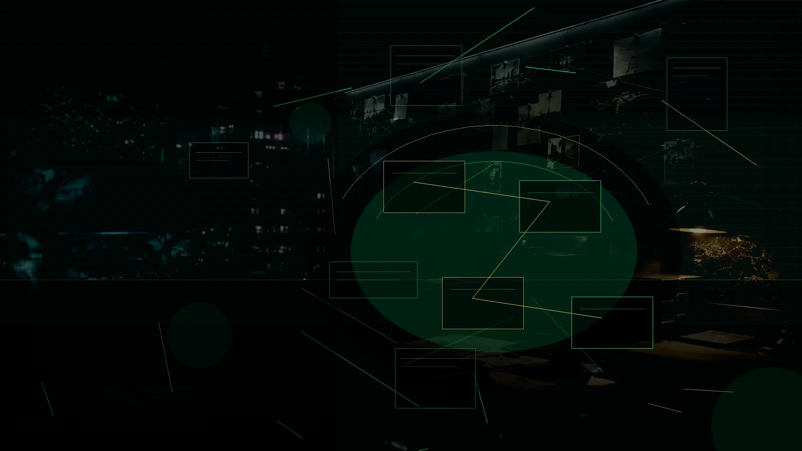 GCHQ subtopic background showing secure intelligence briefing room, evidence board and official files under pressure