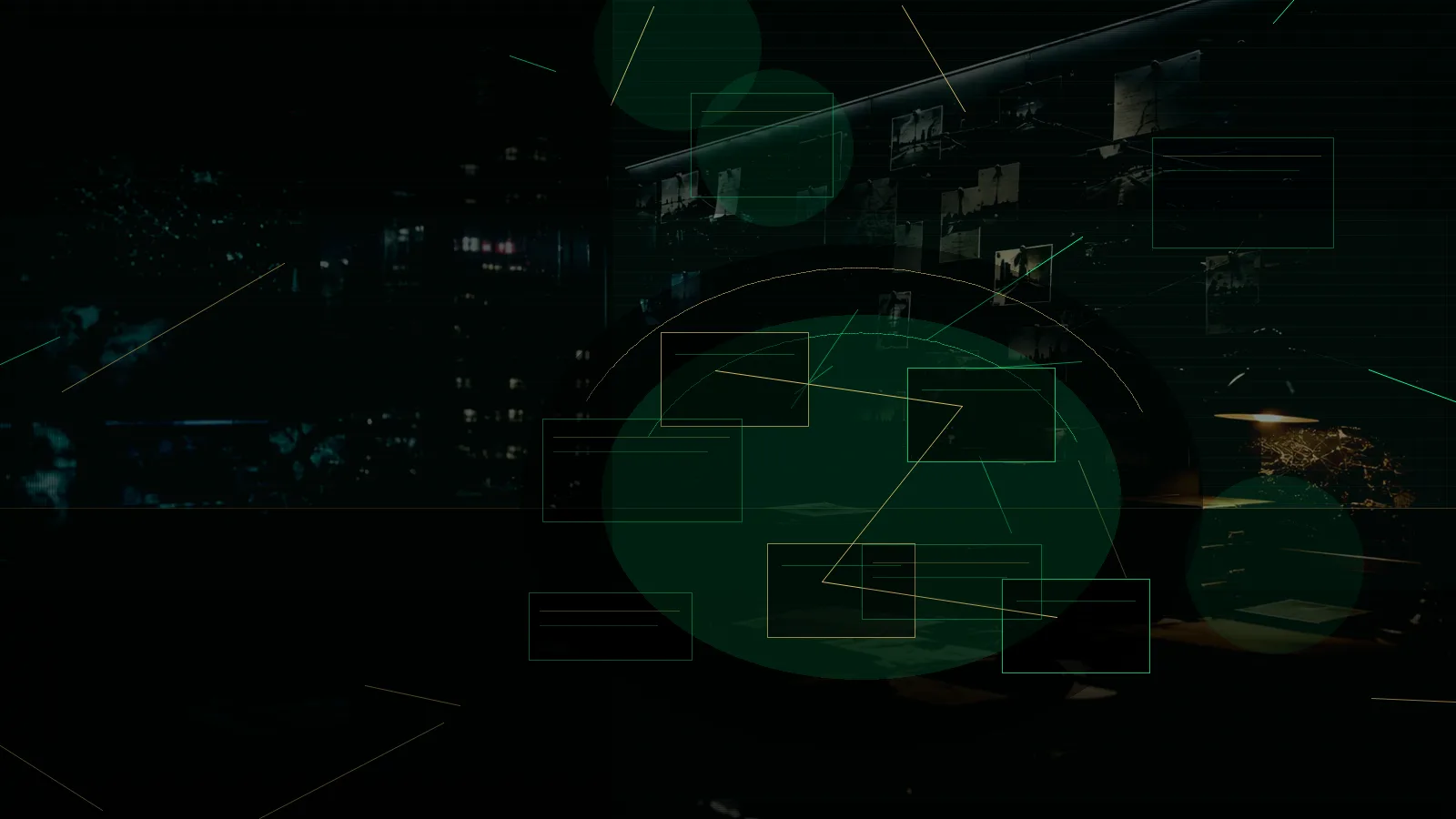Intelligence Assessment subtopic background showing secure intelligence briefing room, evidence board and official files under pressure