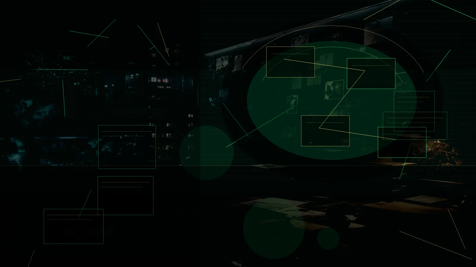 Intelligence Handler subtopic background showing secure intelligence briefing room, evidence board and official files under pressure
