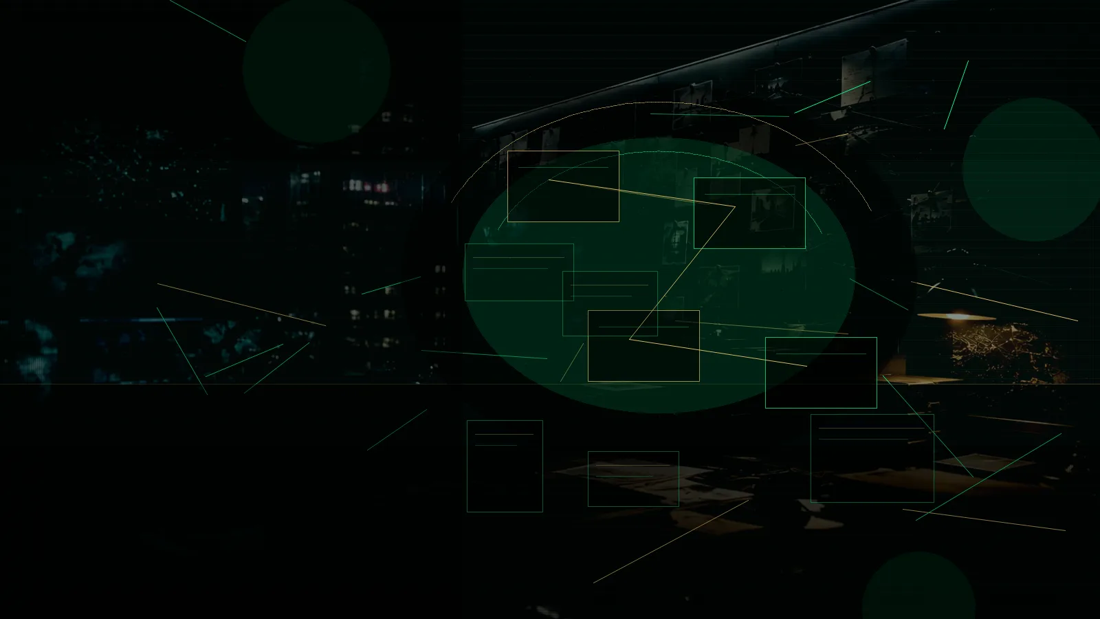 Intelligence Liaison subtopic background showing secure intelligence briefing room, evidence board and official files under pressure