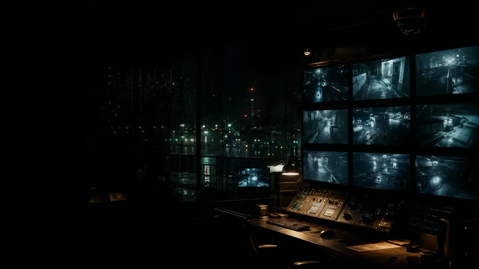 Intelligence Surveillance subtopic background showing surveillance monitor wall, CCTV camera angle and physical-security observation