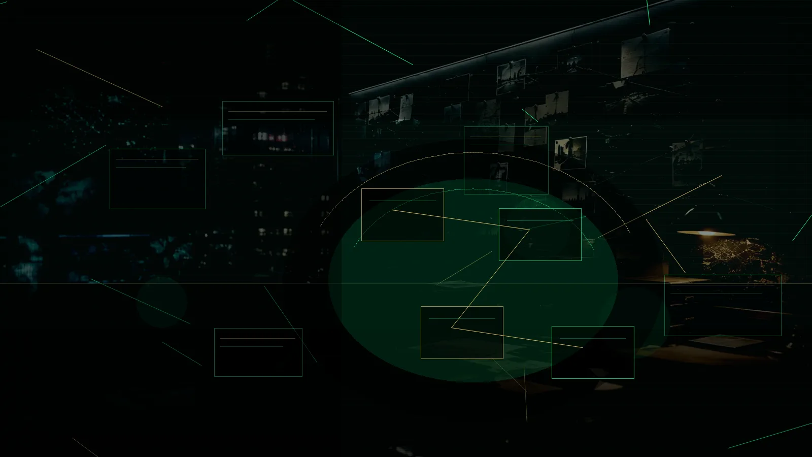 Inter-Agency Liaison subtopic background showing secure intelligence briefing room, evidence board and official files under pressure
