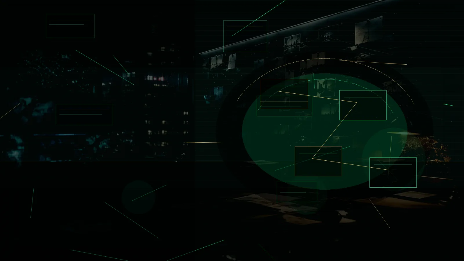 Restricted Database subtopic background showing secure intelligence briefing room, evidence board and official files under pressure
