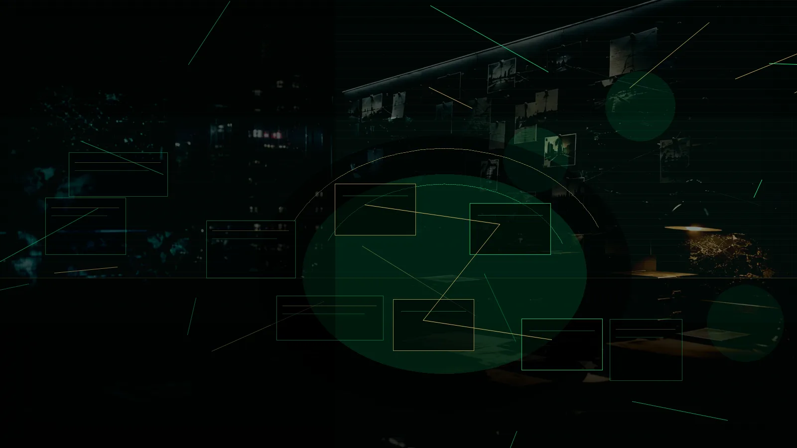Secure Communications subtopic background showing secure intelligence briefing room, evidence board and official files under pressure