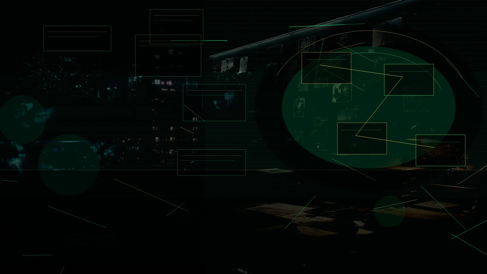 Cross-Border Operation subtopic background showing secure intelligence briefing room, evidence board and official files under pressure