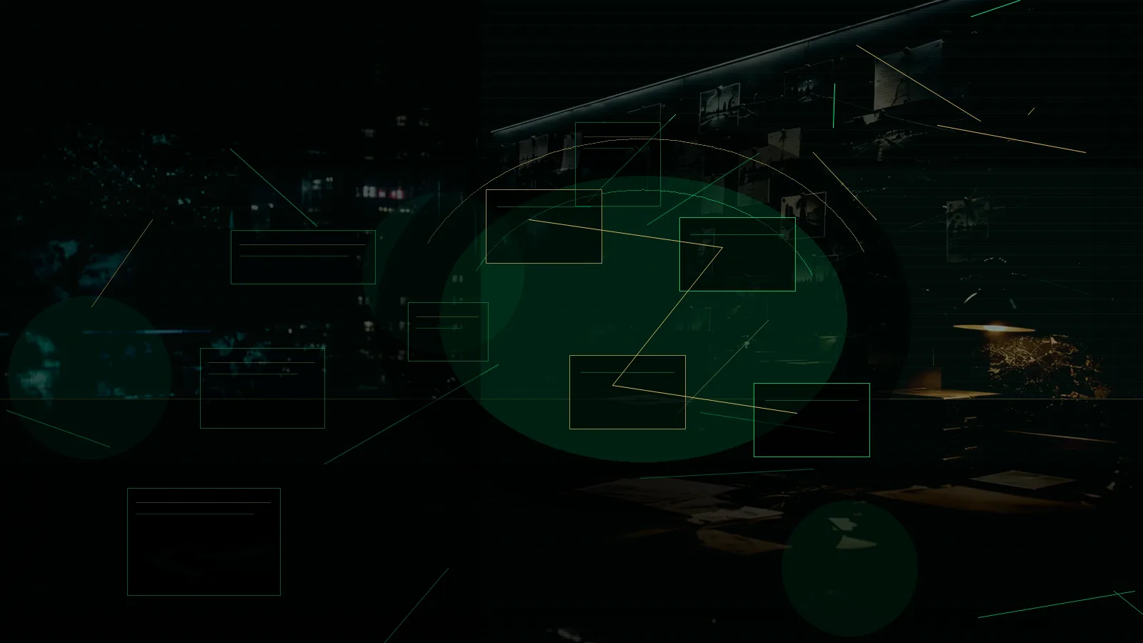 International Intelligence Liaison subtopic background showing secure intelligence briefing room, evidence board and official files under pressure