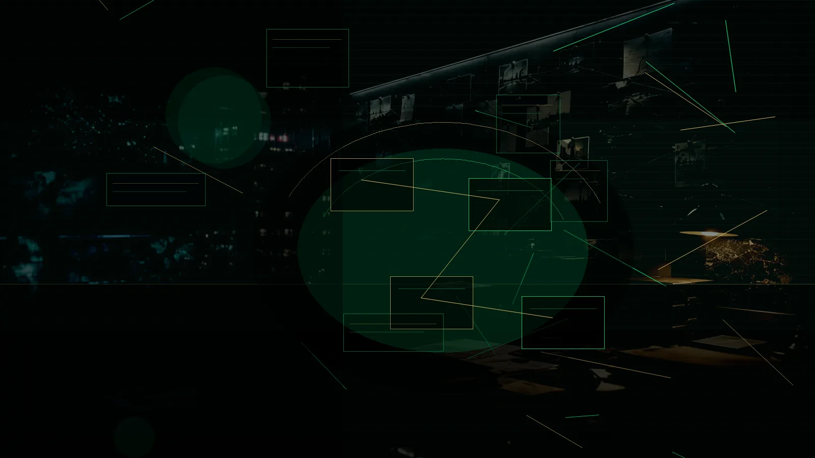 International Investigation subtopic background showing secure intelligence briefing room, evidence board and official files under pressure