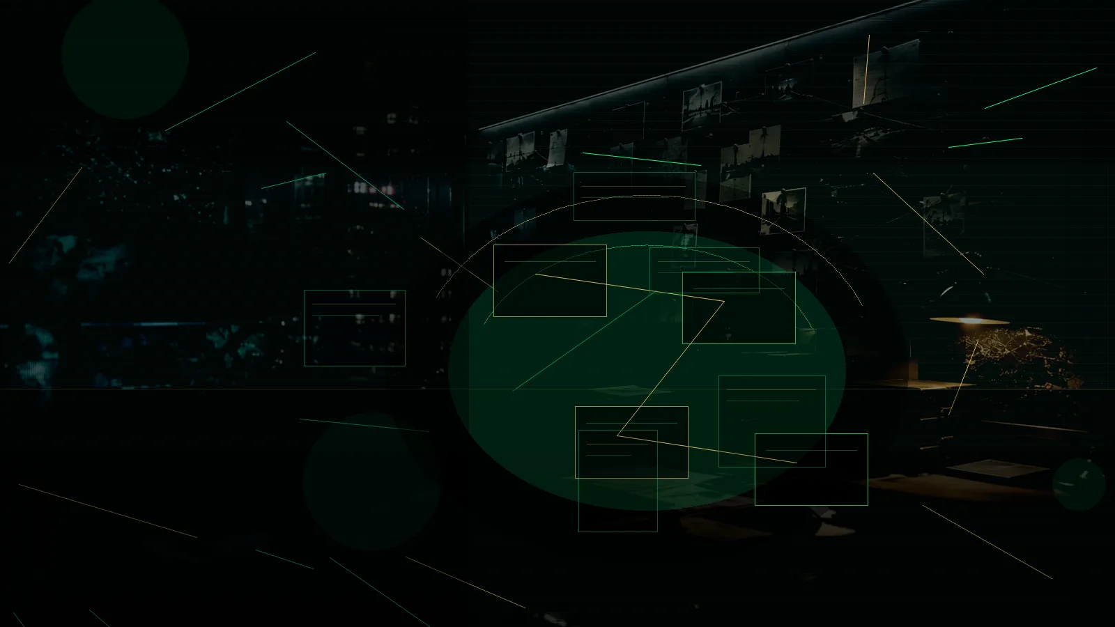 Mutual Agency Coordination subtopic background showing secure intelligence briefing room, evidence board and official files under pressure