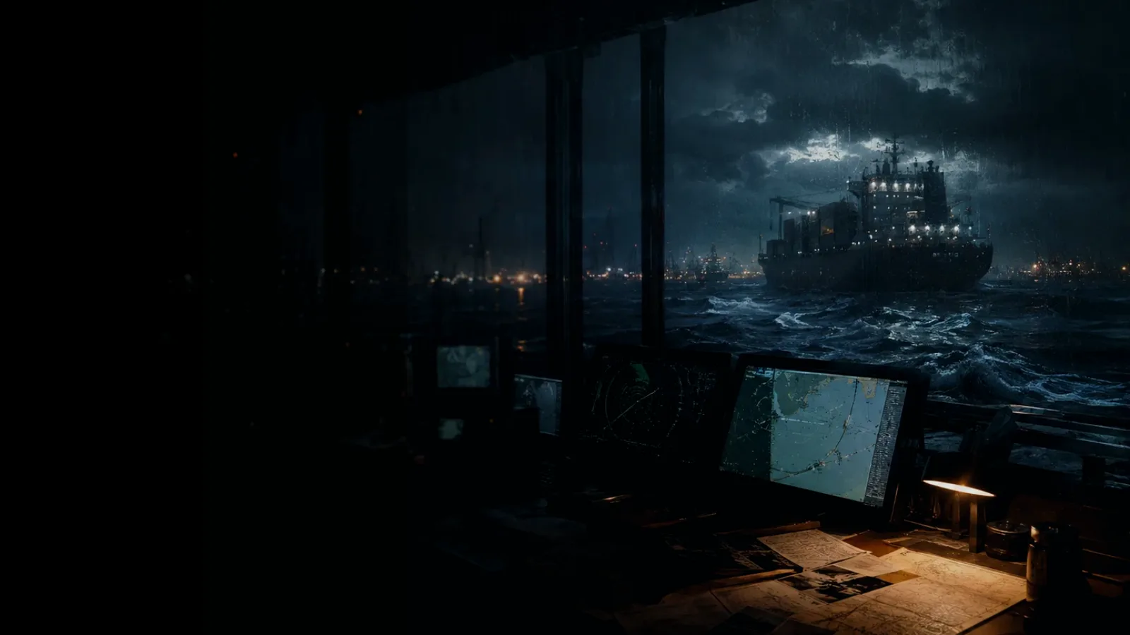 Call Sign subtopic background showing container ship and harbour operations under storm light with evidence-board tension