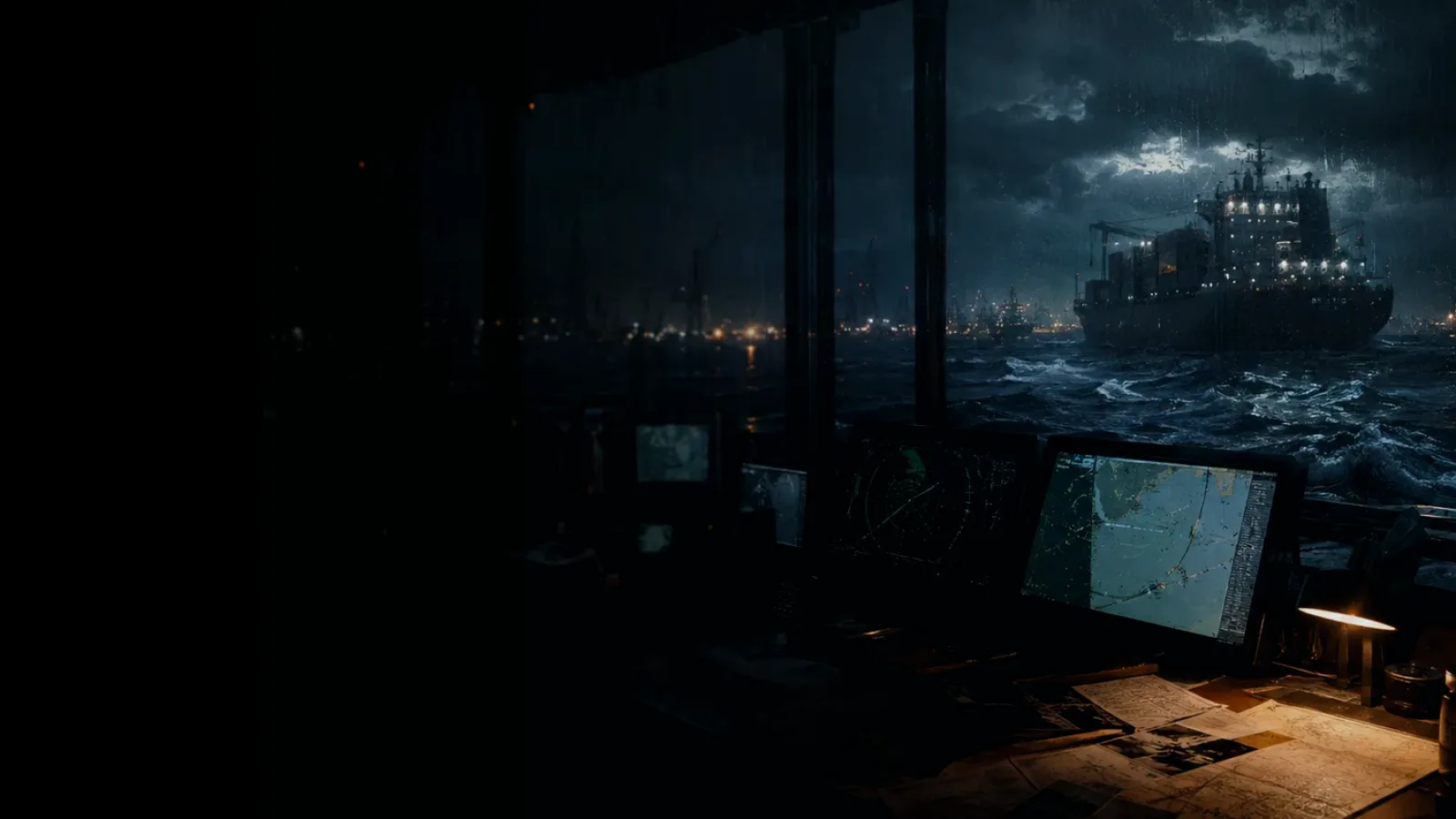 Digital Selective Calling (DSC) subtopic background showing container ship and harbour operations under storm light with evidence-board tension