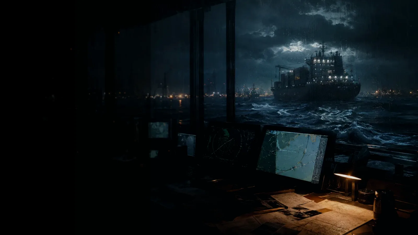 Direct Voice Radio subtopic background showing container ship and harbour operations under storm light with evidence-board tension