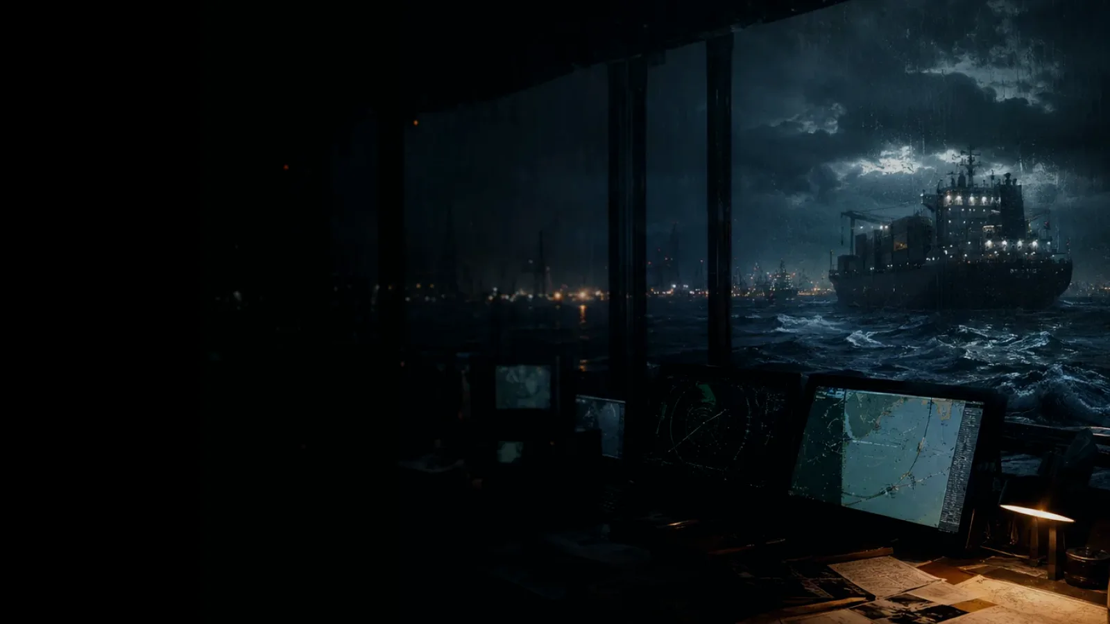 Encrypted Communications subtopic background showing container ship and harbour operations under storm light with evidence-board tension