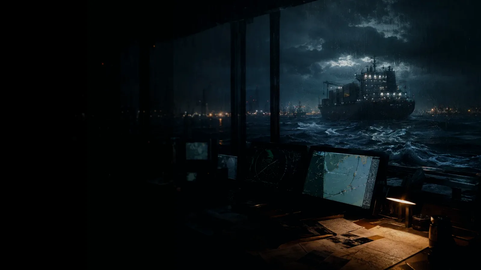Hardwired Ship Telephone subtopic background showing container ship and harbour operations under storm light with evidence-board tension